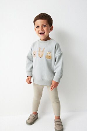 % 100 Pamuklu Soft Mavi Hayvan Desenli Sweatshirt Alt Üst Takım