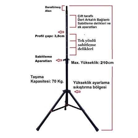 Raf Düzenekli Tripod Ayaklı Dart Arkalık Stand Seti. Bordo Renk