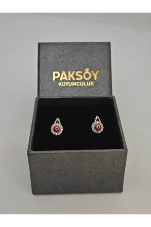 Papatya Taşlı Nazar Çiçek Çevreli Mineli Altın Çocuk Küpesi 14 Ayar 1.48 Gram Hediye