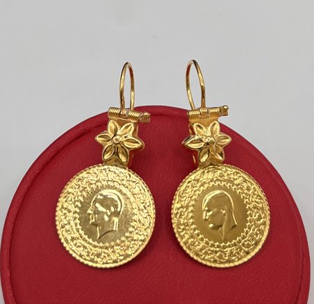 Mengilli Çiçek Madalyon Çeyrekli Sarkıntılı Çevreli Altın Sallantılı Küpe 22 Ayar 5.94 Gram