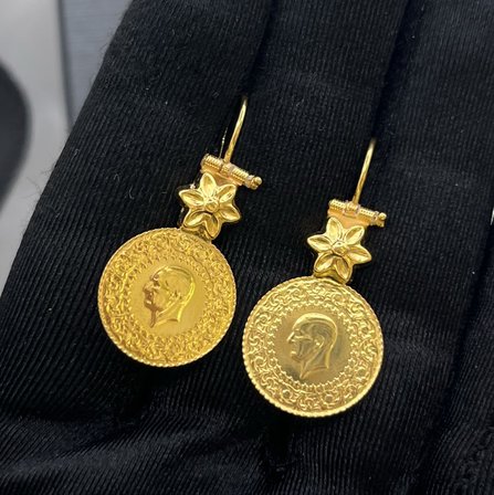 Mengilli Çiçek Madalyon Çeyrekli Sarkıntılı Çevreli Altın Sallantılı Küpe 22 Ayar 5.94 Gram