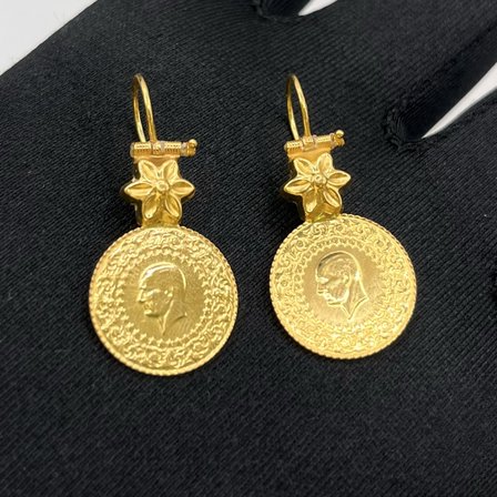 Mengilli Çiçek Madalyon Atatürk Çeyrekli Sarkıntılı Altın Sallantılı Küpe 22 Ayar 5.96 Gram