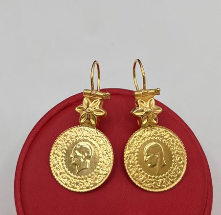 Mengilli Çiçek Madalyon Atatürk Çeyrekli Sarkıntılı Altın Sallantılı Küpe 22 Ayar 5.96 Gram