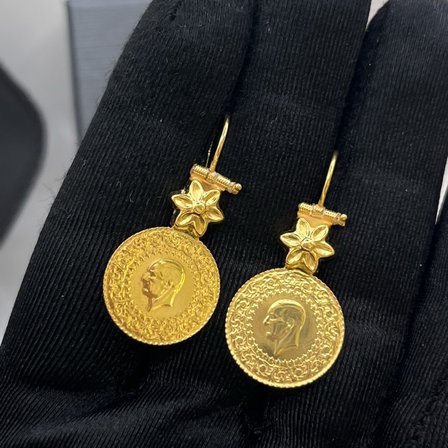 Mengilli Çiçek Madalyon Atatürk Çeyrekli Sarkıntılı Altın Sallantılı Küpe 22 Ayar 5.96 Gram