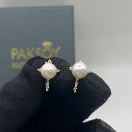 İncili Taşlı Yıldız Altın J Küpe 14 Ayar 3.33 Gram Kadın Hediye