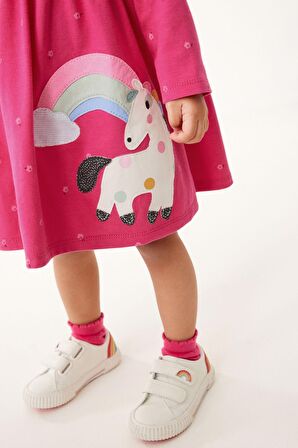 % 100 Pamuklu Pembe Unicorn Uzun Kollu Elbise