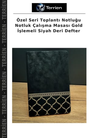 Özel Seri Toplantı Notluğu Notluk Çalışma Masası Gold İşlemeli Siyah Deri Defter