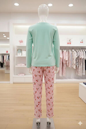 Kiraz desenli uzun kollu kadın pijama takımı