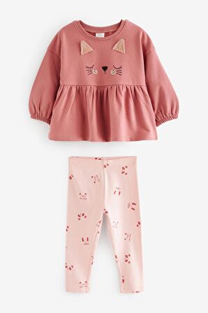 % 100 Pamuklu Pembe Kedi Desenli Alt Üst Takım