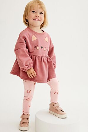 % 100 Pamuklu Pembe Kedi Desenli Alt Üst Takım