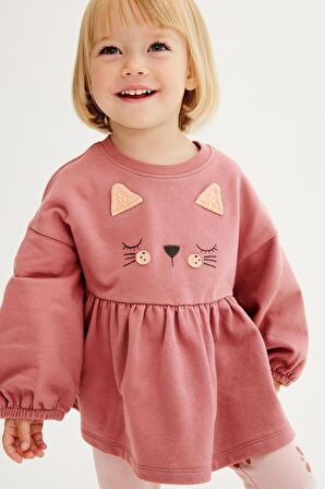 % 100 Pamuklu Pembe Kedi Desenli Alt Üst Takım