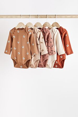 % 100 Pamuklu Kahverengi Hayvan Desenli 5’li Body Zıbın Set