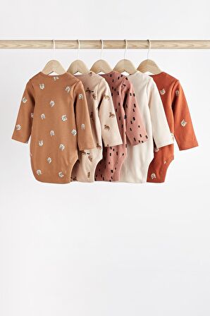 % 100 Pamuklu Kahverengi Hayvan Desenli 5’li Body Zıbın Set