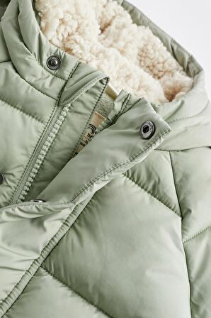 Su Yeşili Polar Astarlı Su Geçirmez Kapüşonlu Mont