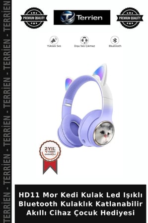 HD11 Mor Kedi Kulak Led Işıklı Bluetooth Kulaklık Katlanabilir Akıllı Cihaz Çocuk Hediyesi