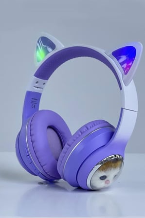 HD11 Mor Kedi Kulak Led Işıklı Bluetooth Kulaklık Katlanabilir Akıllı Cihaz Çocuk Hediyesi
