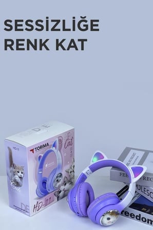 HD11 Mor Kedi Kulak Led Işıklı Bluetooth Kulaklık Katlanabilir Akıllı Cihaz Çocuk Hediyesi