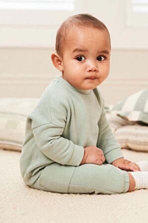 % 100 Pamuklu Sage Green Sweatshirt Jogger Alt Üst Takım