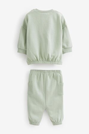 % 100 Pamuklu Sage Green Sweatshirt Jogger Alt Üst Takım