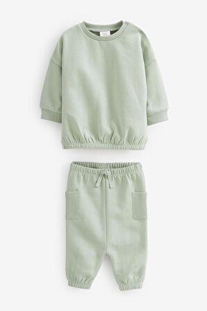 % 100 Pamuklu Sage Green Sweatshirt Jogger Alt Üst Takım