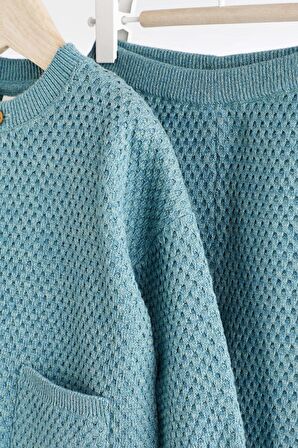 % 100 Pamuklu Mavi Triko Waffle Alt Üst Takım