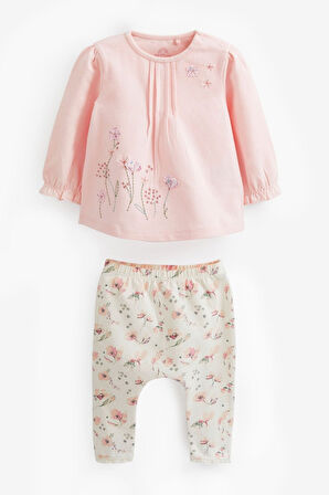 Next Baby % 100 Pamuklu Pembe Çiçek Desenli Uzun Kollu Alt Üst Takım