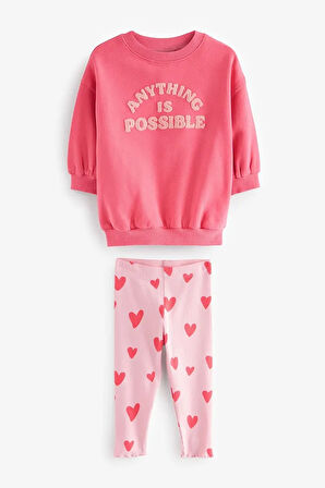 Pamuklu Pembe Baskılı Sweatshirt Tayt Alt Üst Takım