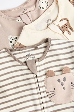 Next Baby % 100 Pamuklu Krem Animal 3’lü Tulum Set