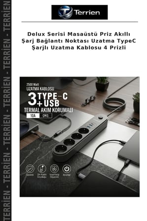 Delux Serisi Masaüstü Priz Akıllı Şarj Bağlantı Noktası Uzatma TypeC Şarjlı Uzatma Kablosu 4 Prizli