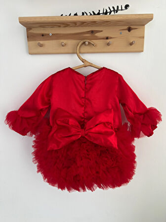 Kız Bebek Çocuk Elbise Uzun Kollu Tüllü Tütü Özel Gün Parti Doğum Günü Prenses Saten Abiye Elbise