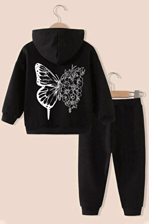 Kız/Erkek Çocuk Çiçekli Kelebek Sırt Baskılı Baskılı Kapüşonlu Sweatshirt Eşofman Takımı