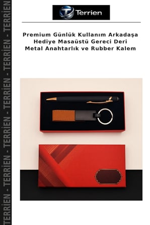 Premium Günlük Kullanım Arkadaşa Hediye Masaüstü Gereci Deri Metal Anahtarlık ve Rubber Kalem