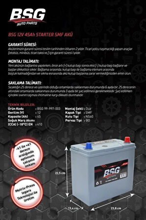 Akü 12V 45Ah 430 Cca Ters Bsg