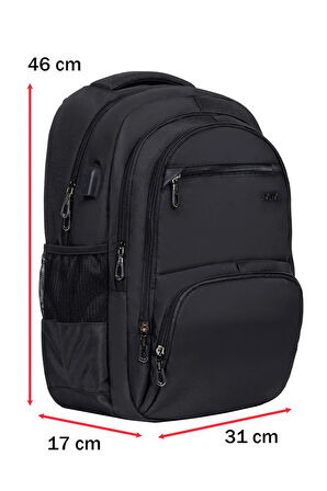 Çok Bölmeli Siyah Okul Sırt Çantası Yandan Cepli Usb Soket 15,6 inç Laptop Bölmesi Su Geçirmez Oxford Kumaş