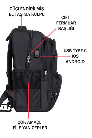 Çok Bölmeli Siyah Okul Sırt Çantası Yandan Cepli Usb Soket 15,6 inç Laptop Bölmesi Su Geçirmez Oxford Kumaş