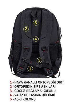 Çok Bölmeli Siyah Okul Sırt Çantası Yandan Cepli Usb Soket 15,6 inç Laptop Bölmesi Su Geçirmez Oxford Kumaş