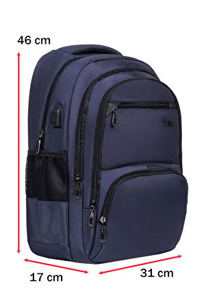 Çok Bölmeli Lacivert Okul Sırt Çantası Yandan Cepli Usb Soket 15,6 inç Laptop Bölmesi Su Geçirmez Oxford Kumaş