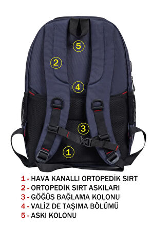 Çok Bölmeli Lacivert Okul Sırt Çantası Yandan Cepli Usb Soket 15,6 inç Laptop Bölmesi Su Geçirmez Oxford Kumaş