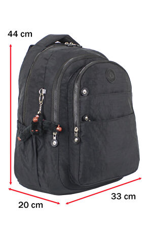 Unisex Su Geçirmez Krinkıl Kumaş Büyük Boy Çok Gözlü Okul Sırt Çantası Yandan Cepli Ortopedik Siyah