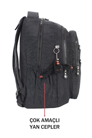 Unisex Su Geçirmez Krinkıl Kumaş Büyük Boy Çok Gözlü Okul Sırt Çantası Yandan Cepli Ortopedik Siyah