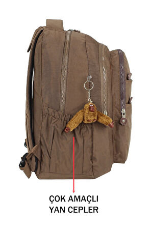 Su Geçirmez Krinkıl Kumaş Büyük Boy Çok Gözlü Okul Sırt Çantası Yandan Cepli Ortopedik Toprak