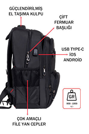 Ortopedik Laptop Sırt Çantası 14-15,6 inç Usb Aparat Darbe Emici Koruma Su Geçirmez Kumaş 04