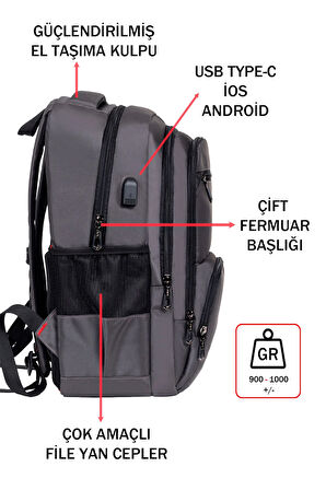 Ortopedik Laptop Sırt Çantası 14-15,6 inç Usb Aparat Darbe Emici Koruma Su Geçirmez Kumaş 04