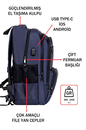 Ortopedik Laptop Sırt Çantası 14-15,6 inç Usb Aparat Darbe Emici Koruma Su Geçirmez Kumaş 04