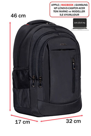 Siyah Laptop Sırt Çantası 14-15,6 inç Usb Aparat Ortopedik Darbe Emici Koruma Su Geçirmez Kumaş