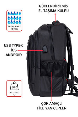Siyah Laptop Sırt Çantası 14-15,6 inç Usb Aparat Ortopedik Darbe Emici Koruma Su Geçirmez Kumaş