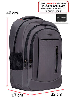 Gri Laptop Sırt Çantası 14-15,6 inç Usb Aparat Ortopedik Darbe Emici Koruma Su Geçirmez Kumaş