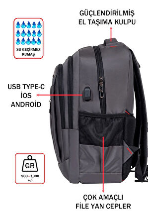 Gri Laptop Sırt Çantası 14-15,6 inç Usb Aparat Ortopedik Darbe Emici Koruma Su Geçirmez Kumaş