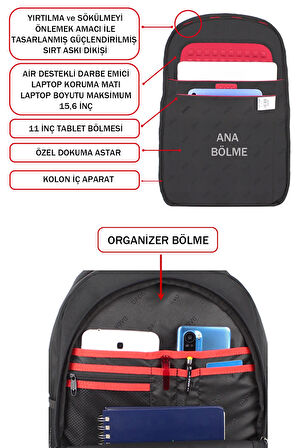 Gri Laptop Sırt Çantası 14-15,6 inç Usb Aparat Ortopedik Darbe Emici Koruma Su Geçirmez Kumaş