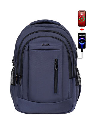 Lacivert Laptop Sırt Çantası 14-15,6 inç Usb Aparat Ortopedik Darbe Emici Koruma Su Geçirmez Kumaş